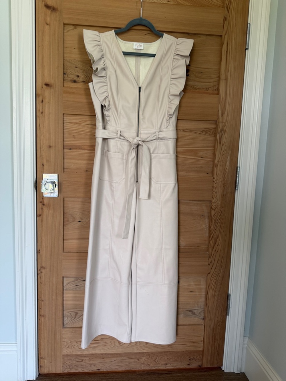 Fate Faux Leather Jumpsuit Wide Leg Dressy Chic Cream/Ivory